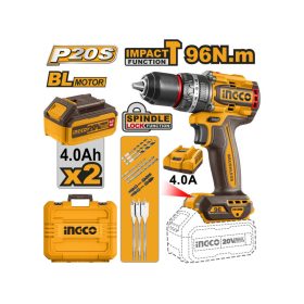   INGCO Akkus ütvefúró-csavarozó 96 Nm szénkefe nélküli 20 V (2 x 4,0 Ah akku + töltő)