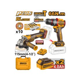   INGCO Akkus erőcsomag 20 V Ütvefúró-csavarozó 66 Nm+Sarokcsiszoló 115 mm (2 db akku + töltő)
