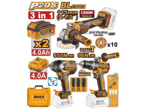 INGCO Akkus erőcsomag 20 V Ütvefúró-csavarozó 96 Nm+Sarokcsiszoló 115 mm+Ütvecsavarozó 850 Nm.VÁRHATÓ BEÉRKEZÉS 2026.05.30.