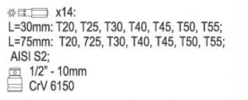 YATO TORX FURATOS BIT KLT 15 RÉSZES 1/2'