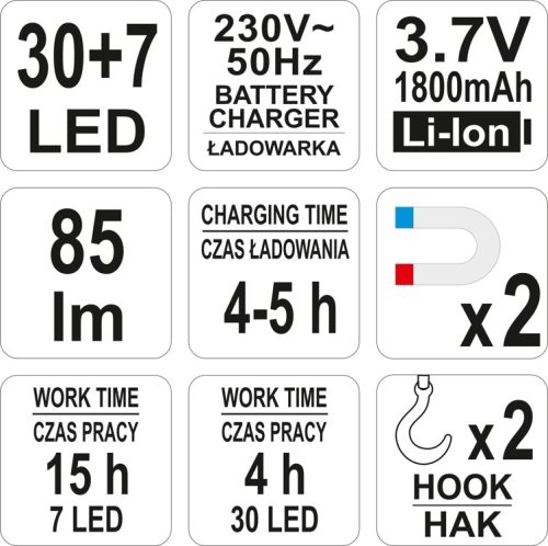 YATO AKKUS LED LÁMPA (30+7 LED) 3,6 V
