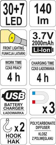 YATO AKKUS LED LÁMPA (30+7 LED) 3,7 V