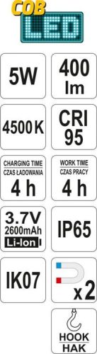YATO COB LED SZÍNVIZSGÁLÓ AKKUS LÁMPA 5W 400LM