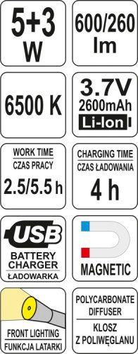 YATO AKKUS SZERELŐ LED LÁMPA 5W+3W
