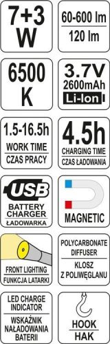 YATO AKKUS LED MUNKALÁMPA/ZSEBLÁMPA 10W 600LM