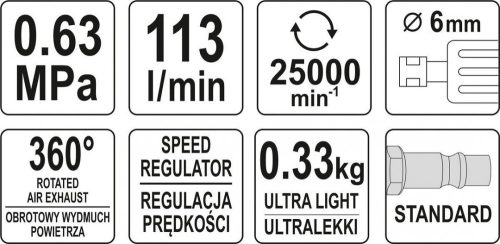 YATO PNEUMATIKUS EGYENES CSISZOLÓ KÖNNYÍTETT 113L/PERC 6,3 BAR