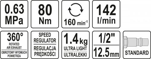 YATO PNEUMATIKUS RACSNIS KULCS KÖNNYÍTETT 1/2' 80Nm