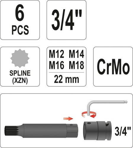 YATO GÉPI SPLINE DUGÓKULCS KÉSZLET 3/4' 6 RÉSZES