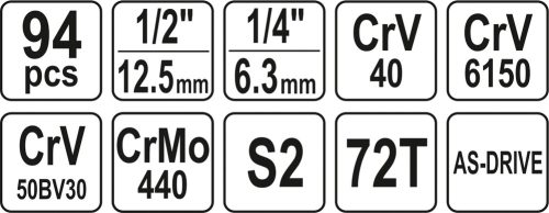 YATO DUGÓKULCS KÉSZLET 1/2' 10-32MM, 1/4' 4-14MM 94 RÉSZES