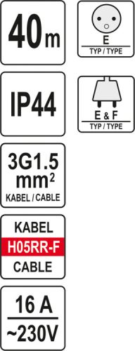 YATO HOSSZABBÍTÓ KÁBELDOB 3x1,5mm IP 44 40m