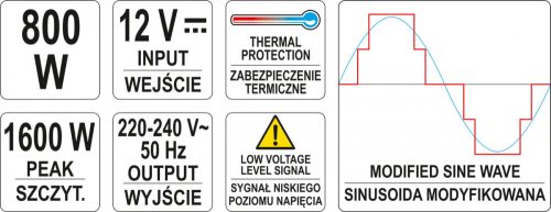 YATO FESZÜLTSÉG ÁTALAKÍTÓ INVERTER 12/230V 800W