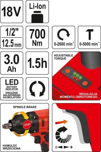 YATO AKKUS ÜTVECSAVAROZÓ 18V 700Nm  3,0Ah AKKU+TÖLTŐ