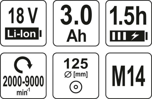 YATO AKKUS SAROKCSISZOLÓ 18V 125MM SZÉNKEFE NÉLKÜL 3,0Ah AKKU+TÖLTŐ