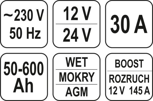 YATO AKKUMULÁTOR TÖLTŐ 12-24V 30A 50-600Ah