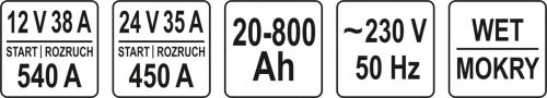 YATO AKKUMULÁTOR TÖLTŐ-INDÍTÓ 12-24V 540A/ 20-800Ah