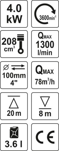 YATO BENZINES VÍZSZIVATTYÚ 5,33LE 208CM3 4' 78 m3/h